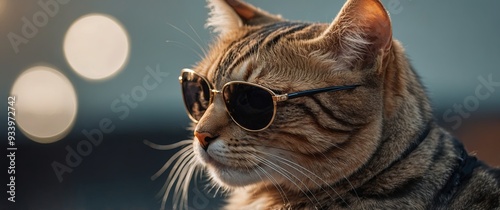 A cool and confident feline flaunts it's stylish side with sleek sunglasses, adding a touch of sophistication to it's already sharp whiskers. photo