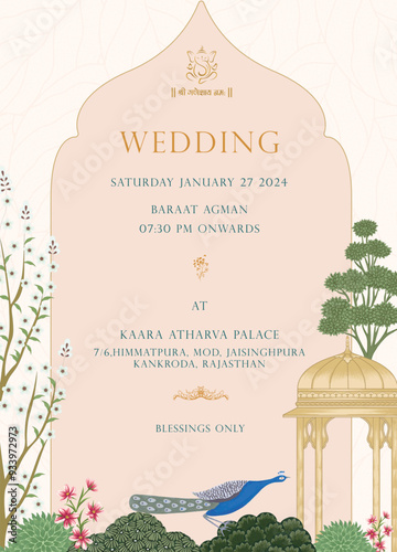 Traditional indian wedding invitation card template design with Mughal arch, ethnic pattern, rajasthani palace, floral decor, lotus, trees and peacock for mehendi, haldi, sangeet, maayra, bhaat invite