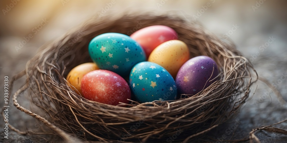 Colorful easter eggs in a nest with galaxy background. Colorful easter eggs in a nest with galaxy background.