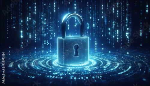 Wallpaper Mural Hyper-realistic 3D render of a glowing digital padlock positioned centrally on an abstract cyber security-themed blue background filled with cascading binary code Torontodigital.ca