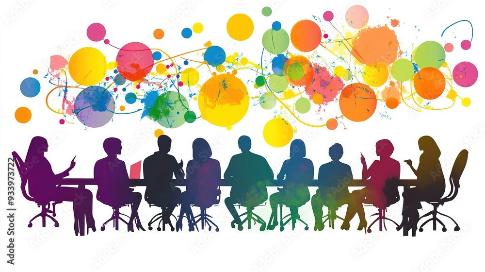 A diverse group of professionals seated around a conference table engaged in a creative brainstorming session with colorful abstract visuals above them depicting innovative ideas and collaboration A diverse group of professionals seated around a conference table engaged in a creative brainstorming session with colorful abstract visuals above them depicting innovative ideas and collaboration