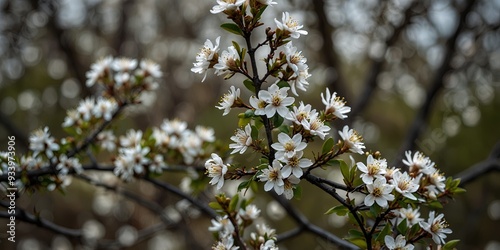 White blossoming blackthorn bush in full view. photo