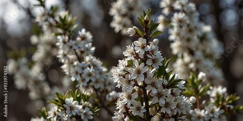 White blossoming blackthorn bush in full view. photo