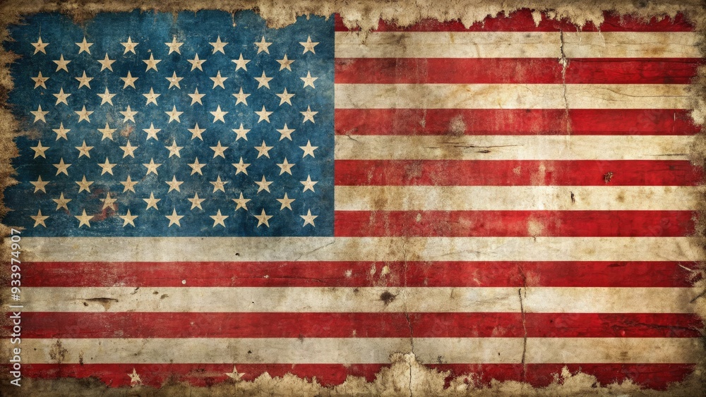Faded, distressed American flag with torn edges, rustic textures, and vintage grunge effects, symbolizing freedom, patriotism, and nostalgia in a worn, retro aesthetic. Faded, distressed American flag with torn edges, rustic textures, and vintage grunge effects, symbolizing freedom, patriotism, and nostalgia in a worn, retro aesthetic.