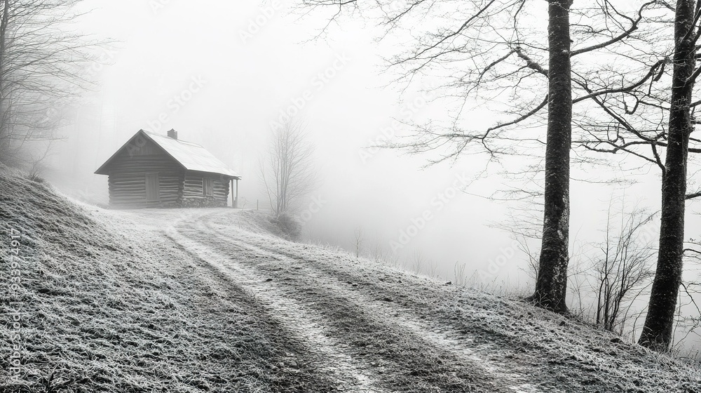 A solitary log cabin stands amidst foggy winter scenery along a winding dirt path surrounded by frost-covered trees in a tranquil, remote location A solitary log cabin stands amidst foggy winter scenery along a winding dirt path surrounded by frost-covered trees in a tranquil, remote location