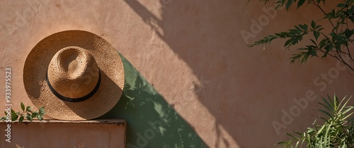 Elegant summer mediterranean background - straw hat and green leaves on branch with dappled shadow in sunshine on pastel pink wall, copy space minimal. photo