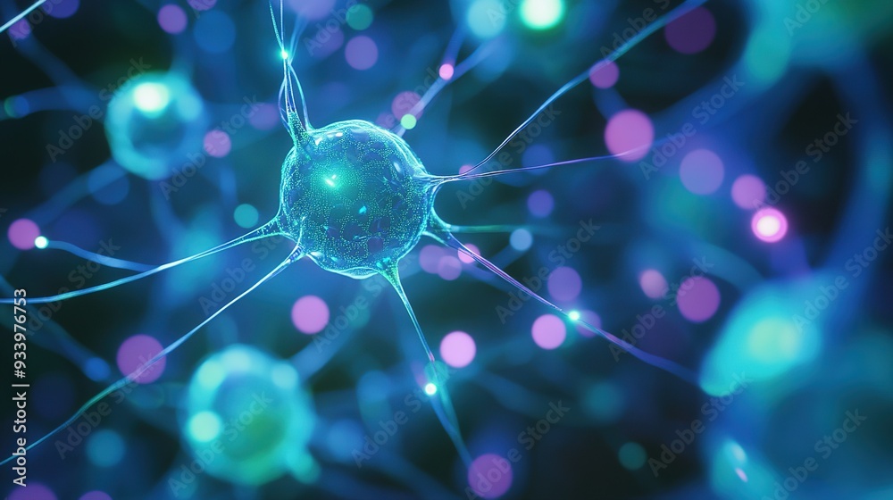 Close-up of vibrant neurons in a dynamic network showcasing interconnections under a glowing light in a dark environment Close-up of vibrant neurons in a dynamic network showcasing interconnections under a glowing light in a dark environment