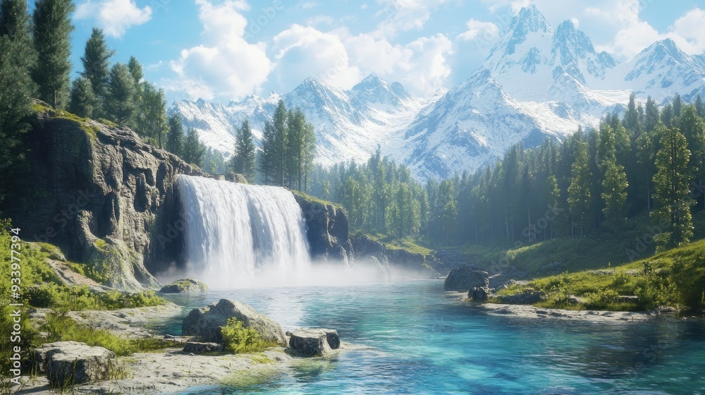 Fototapeta premium Majestic Waterfall Cascading Down a Mountainside in a Picturesque Forest Setting