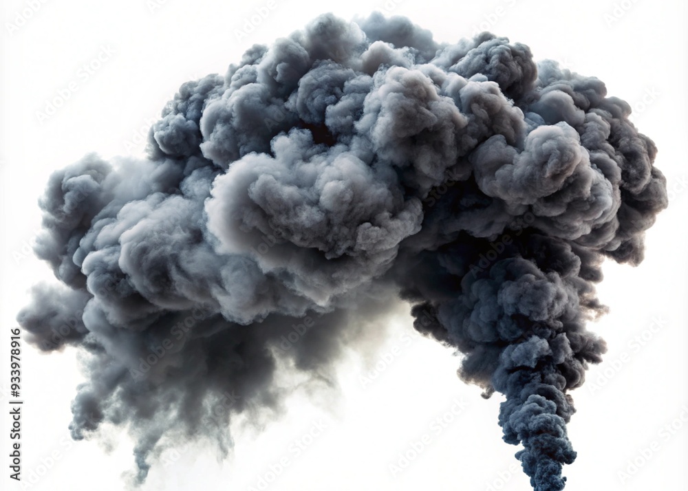 A dense, dark gray smoke plume rising and swirling, isolated on white