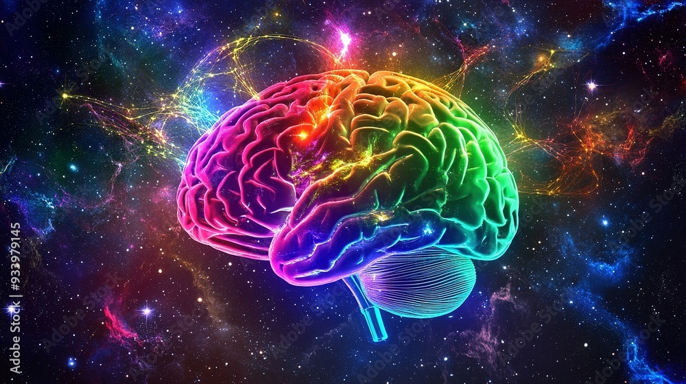 Obraz premium A vibrant depiction of a colorful brain surrounded by a cosmic backdrop filled with stars and nebulae, symbolizing the connection between thought and the universe
