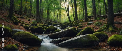 wanterfanll streanming through rocks in forest, long exposure.