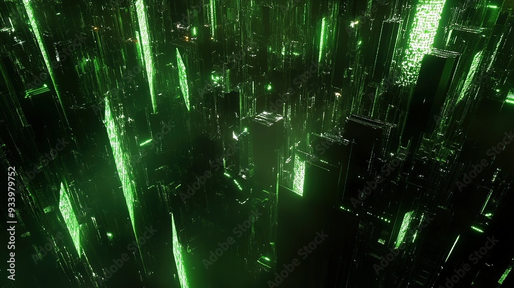 A vibrant green digital cityscape filled with towering structures and glowing elements created through computer-generated graphics at night A vibrant green digital cityscape filled with towering structures and glowing elements created through computer-generated graphics at night