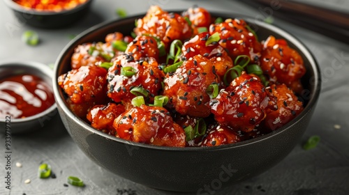 chicken manchurian flying with sauce on white background " ai generated "