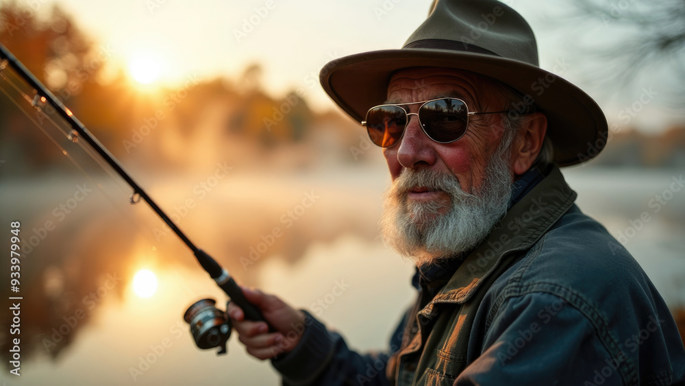 An elderly man enjoys fishing at sunrise by a tranquil lake, clad in sunglasses and surrounded by autumn's beauty, highlighting peace, reflection, and the simple joys of nature and solitude. An elderly man enjoys fishing at sunrise by a tranquil lake, clad in sunglasses and surrounded by autumn's beauty, highlighting peace, reflection, and the simple joys of nature and solitude.
