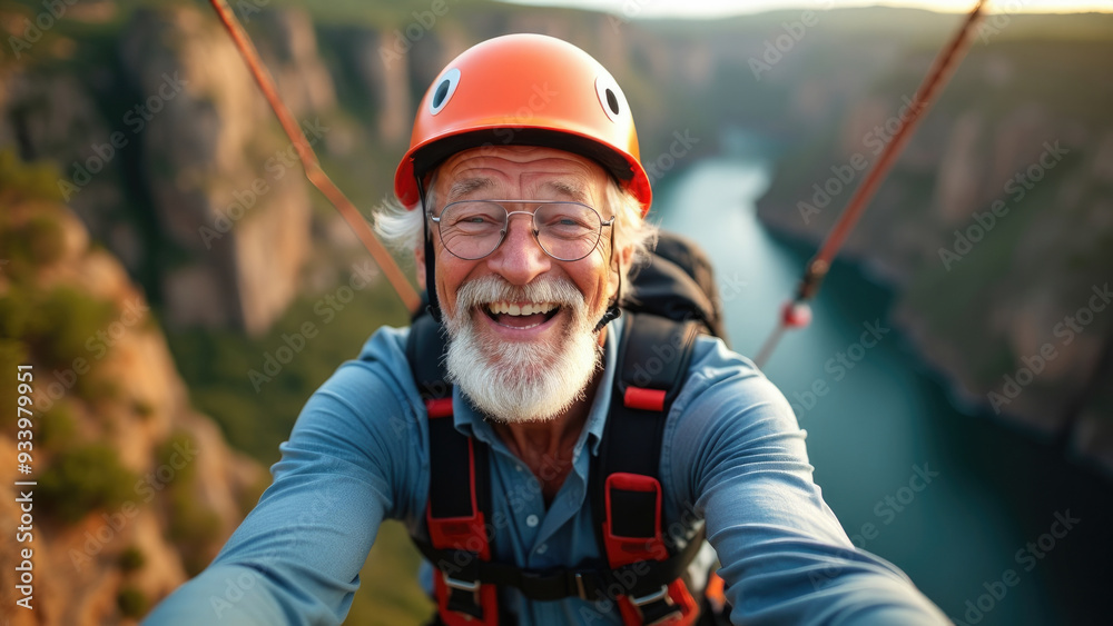 An elderly man beams with joy while wearing a helmet and zip-lining over a stunning canyon view, encapsulating the thrill of adventure, excitement, and the spirit of exploring the natural world. An elderly man beams with joy while wearing a helmet and zip-lining over a stunning canyon view, encapsulating the thrill of adventure, excitement, and the spirit of exploring the natural world.