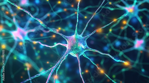 Intricate network of neurons illuminated in vibrant colors showcasing their connections in a dynamic and interactive environment photo