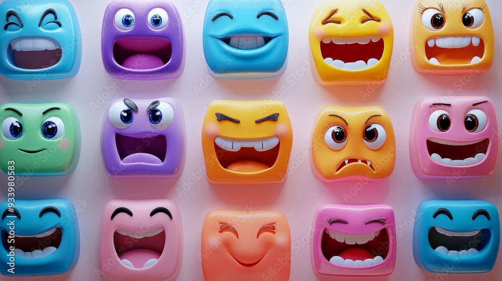 Colorful 3D cartoon face icons featuring various expressions. Colorful 3D cartoon face icons featuring various expressions.