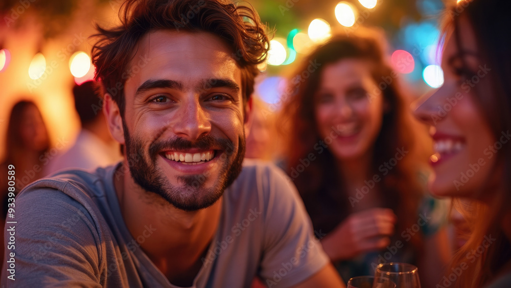 A happy young man smiles at the camera while enjoying a vibrant night out with friends, surrounded by festively lit decor and sharing moments of joy and laughter at a lively gathering. A happy young man smiles at the camera while enjoying a vibrant night out with friends, surrounded by festively lit decor and sharing moments of joy and laughter at a lively gathering.