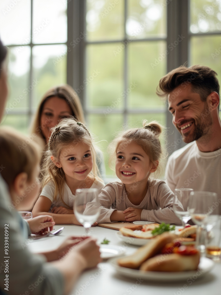 Two young girls share smiles and the warmth of family as they enjoy a meal together at a well-lit dinner table. The image conveys happiness, family bonding, and a sense of togetherness. Two young girls share smiles and the warmth of family as they enjoy a meal together at a well-lit dinner table. The image conveys happiness, family bonding, and a sense of togetherness.