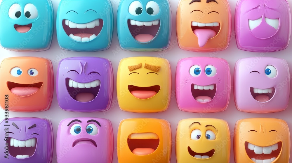 Colorful 3D cartoon face icons featuring various expressions. Colorful 3D cartoon face icons featuring various expressions.