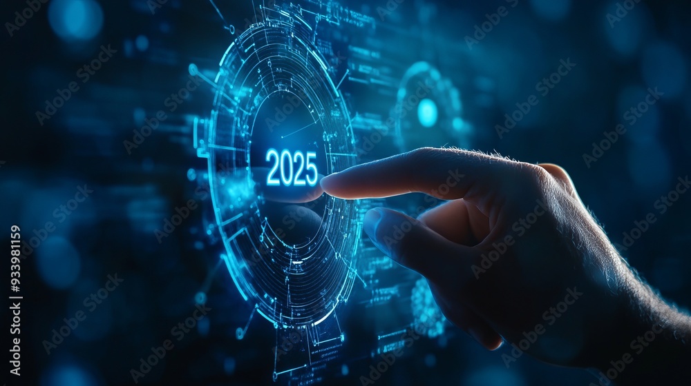 Finger is pressing the button where is written 2025, blue digital background Finger is pressing the button where is written 2025, blue digital background