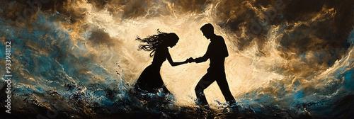 Tense Confrontation Between Silhouetted Figures in Stormy Sky - Dramatic Conflict and Emotional Intensity