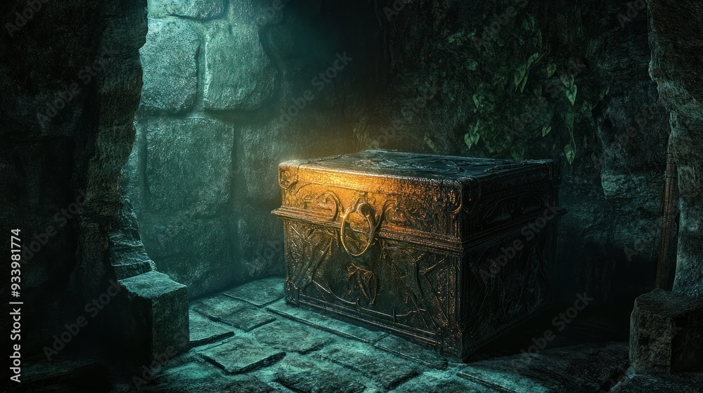 Ornate Golden Chest in a Dark Stone Chamber Ornate Golden Chest in a Dark Stone Chamber