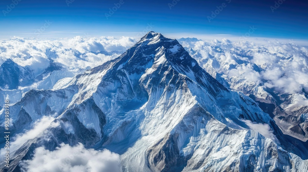 Aerial image of Mount Everest, capturing the stark contrast between its snowy summit and the rocky, treacherous landscape. Aerial image of Mount Everest, capturing the stark contrast between its snowy summit and the rocky, treacherous landscape.