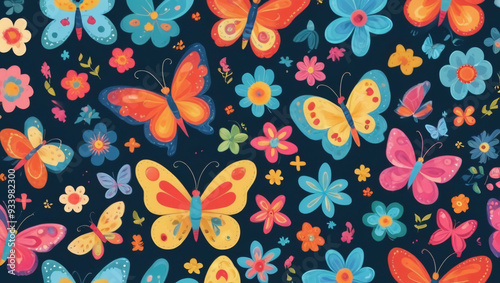 Seamless cartoon butterfly and flower pattern with bright colors for children