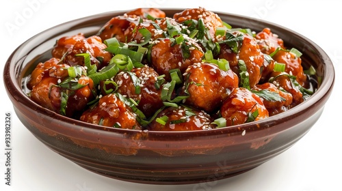 chicken manchurian flying with sauce on white background " ai generated "