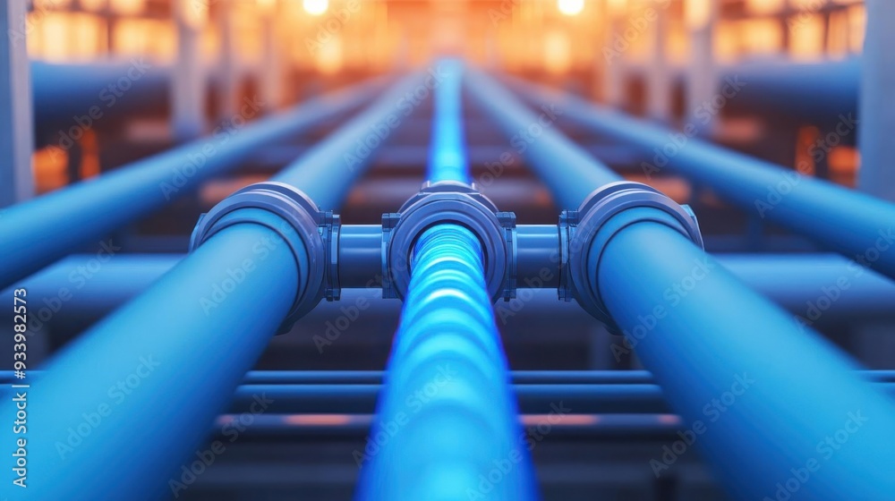 Close-up view of industrial pipes, showcasing modern infrastructure with blue lighting in a dynamic urban environment. Close-up view of industrial pipes, showcasing modern infrastructure with blue lighting in a dynamic urban environment.