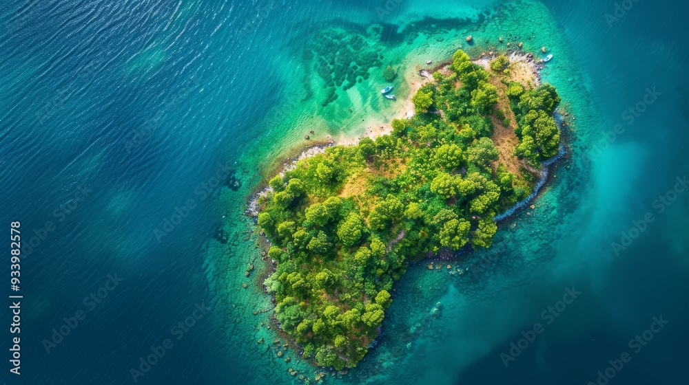 Aerial View of a Lush Green Island Surrounded by Turquoise Water Aerial View of a Lush Green Island Surrounded by Turquoise Water