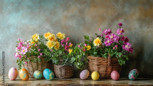 Wallpaper Mural Easter-themed still life featuring vibrant blooms in baskets and colorful eggs against a rustic wall Torontodigital.ca