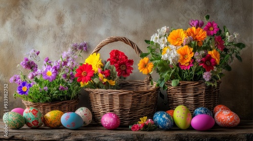 Wallpaper Mural Easter-themed still life featuring vibrant blooms in baskets and colorful eggs against a rustic wall Torontodigital.ca