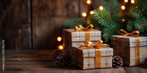 A cozy holiday background with plaid patterned gift boxes pine cones and branches a rustic wooden surface a cabin in the woods