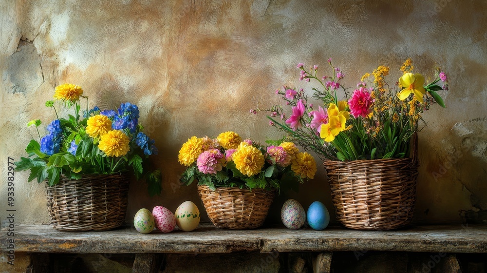 Easter-themed still life featuring vibrant blooms in baskets and colorful eggs against a rustic wall Easter-themed still life featuring vibrant blooms in baskets and colorful eggs against a rustic wall