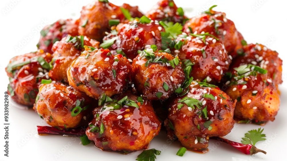chicken manchurian flying with sauce on white background chicken manchurian flying with sauce on white background