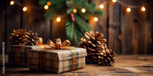 A cozy holiday background with plaid patterned gift boxes pine cones and branches a rustic wooden surface a cabin in the woods