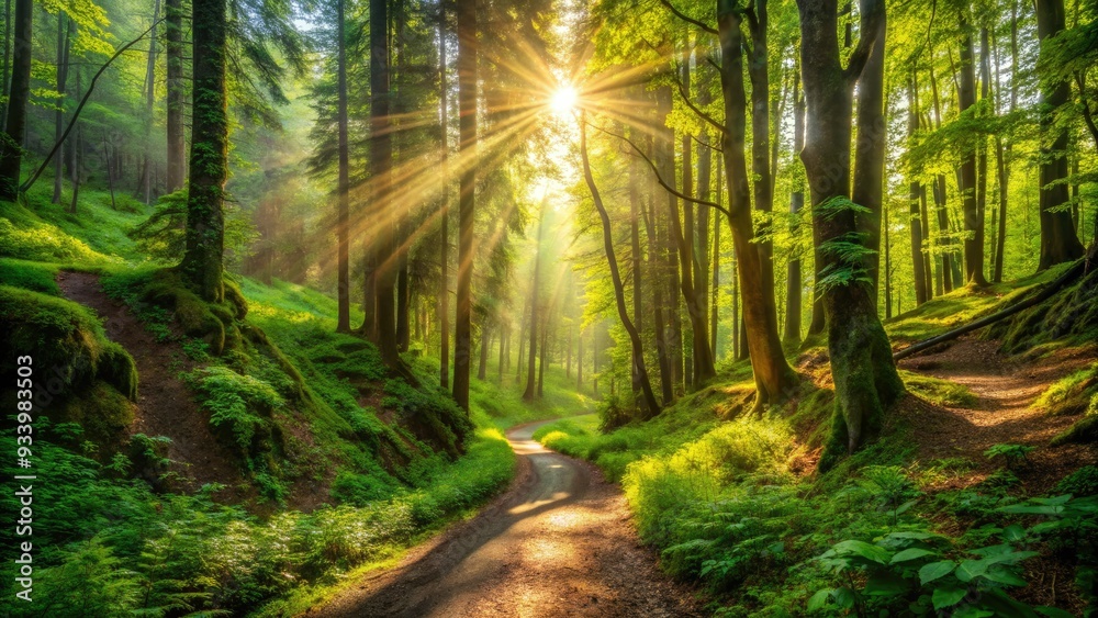 Obraz premium Winding dirt path freshly cut through lush green forest, with sunlight filtering through trees, inviting hikers to explore the untouched wilderness beyond.