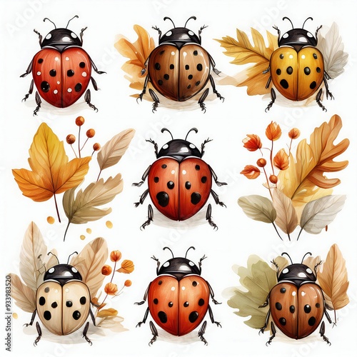 Clipart the little forest ladybug in autumn, isolated white background