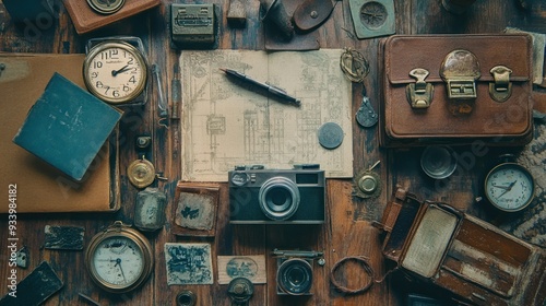 Vintage Camera, Watches, and Other Objects on Wooden Surface
