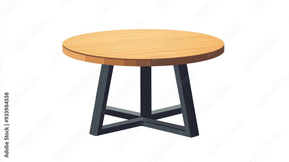 Vector illustration of a round wooden table with metal legs on a white background. Modern dining furniture in minimalist contemporary scandi or japandi style. Vector illustration of a round wooden table with metal legs on a white background. Modern dining furniture in minimalist contemporary scandi or japandi style.