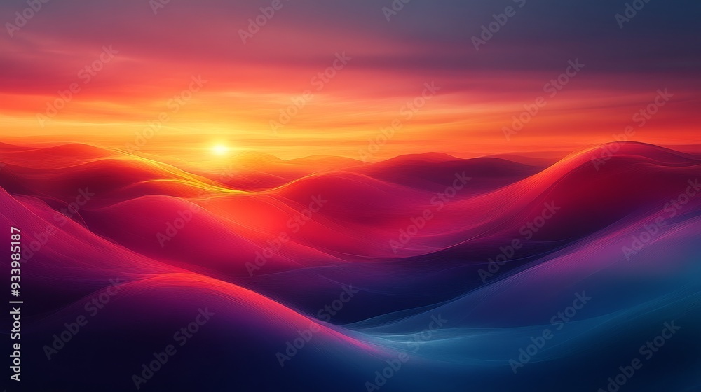 Obraz premium Sunset over vibrant abstract waves, colorful surreal landscape. Modern art concept