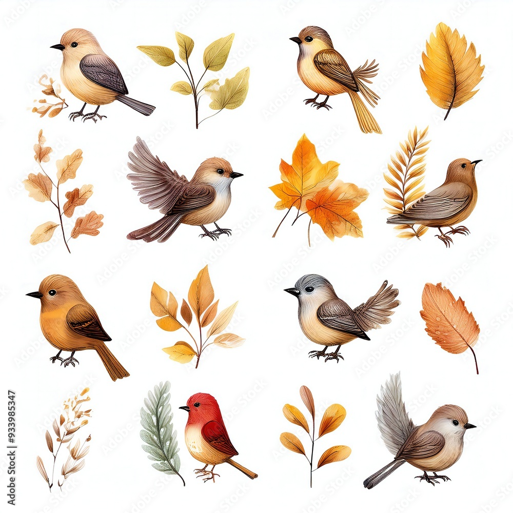 Fototapeta premium Clipart the little forest bird in autumn, isolated white background
