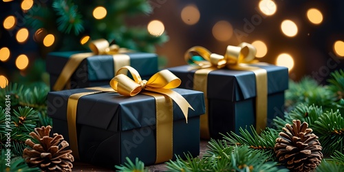 A dramatic New Year background with black and gold gift boxes pine cones and deep green evergreen branches midnight celebration and festivity