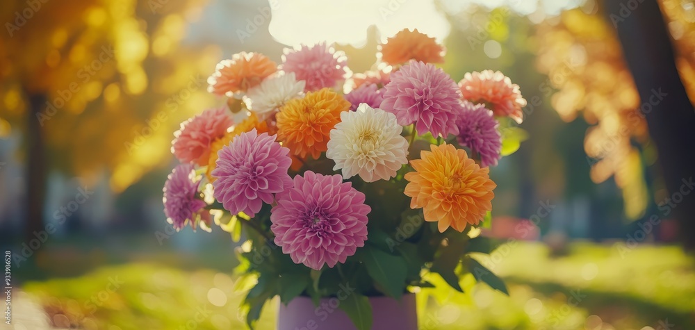 Obraz premium Golden Hour Bouquet A closeup perspective of a vibrant bouquet of dahlias with a soft warm background of golden bokeh capturing the essence of autumn beauty