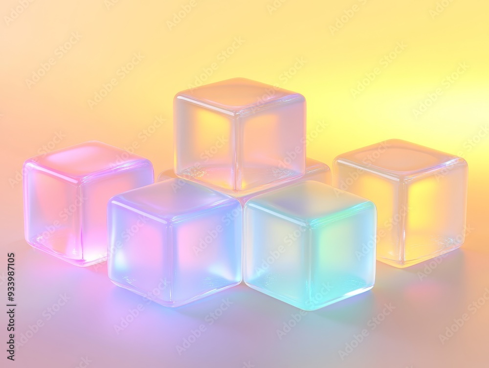Obraz premium Iridescent Glass Cubes on a Gradient Background A Minimalist Composition with Vibrant Hues and Reflections