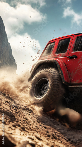 Adventurous Red Offroad Climbing Mountain - Dynamic Mixed Media Art with Bold Strokes and Dust Flying