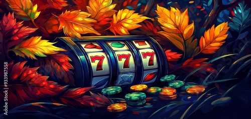Lucky Seven Jackpot A Slot Machine Hidden in Vibrant Autumn Leaves 777 Wins Scattered Chips Digital Painting Style