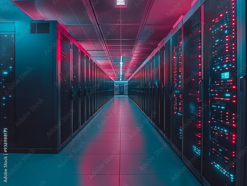 Fototapeta premium Neon Glow in the Server Room Perspective Down a Row of Black Servers with Red and Blue Lights Highlighting the Digital Infrastructure